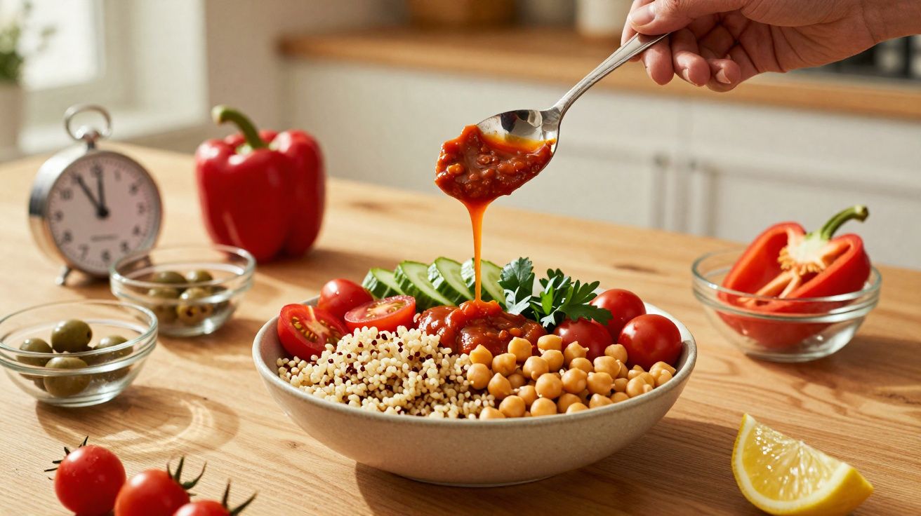 Tigela com salada de grão-de-bico, quinoa, tomates, pepino, molho sendo colocado com colher.