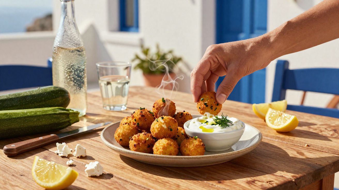 Mão pegando bolinho crocante próximo a molho branco em prato sobre mesa de madeira com limão, abobrinhas e copo d'água.