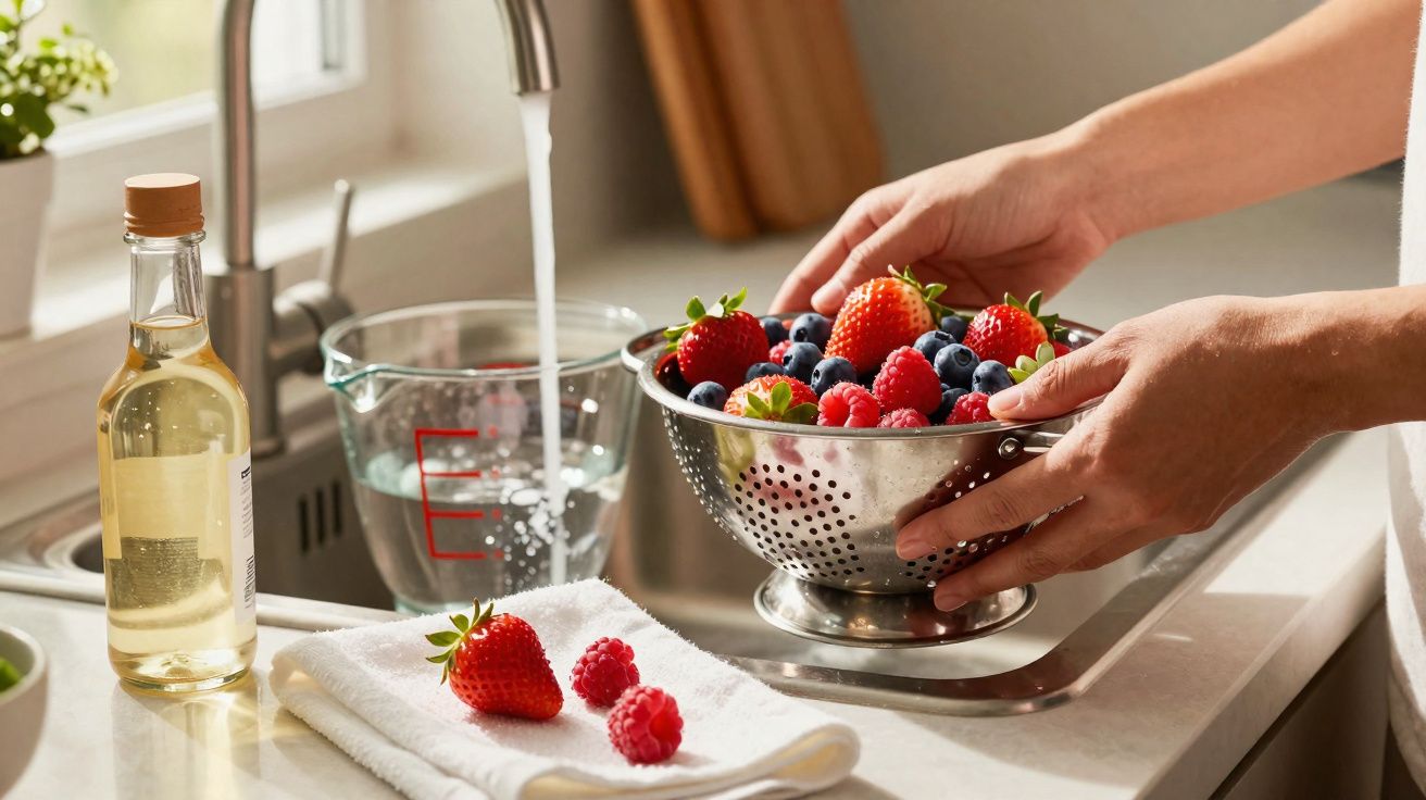 Pessoa lavando frutas vermelhas em uma pia com frutas sobre um pano branco em uma cozinha iluminada.