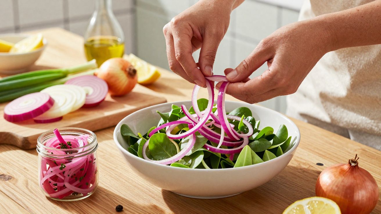 Mãos adicionam fatias de cebola roxa em tigela com folhas verdes, com ingredientes na mesa ao fundo.