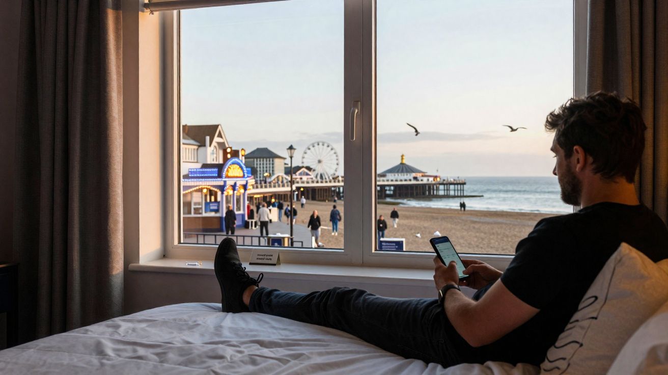 Homem deitado na cama olhando o celular, com vista para praia, pessoas e roda-gigante ao entardecer.