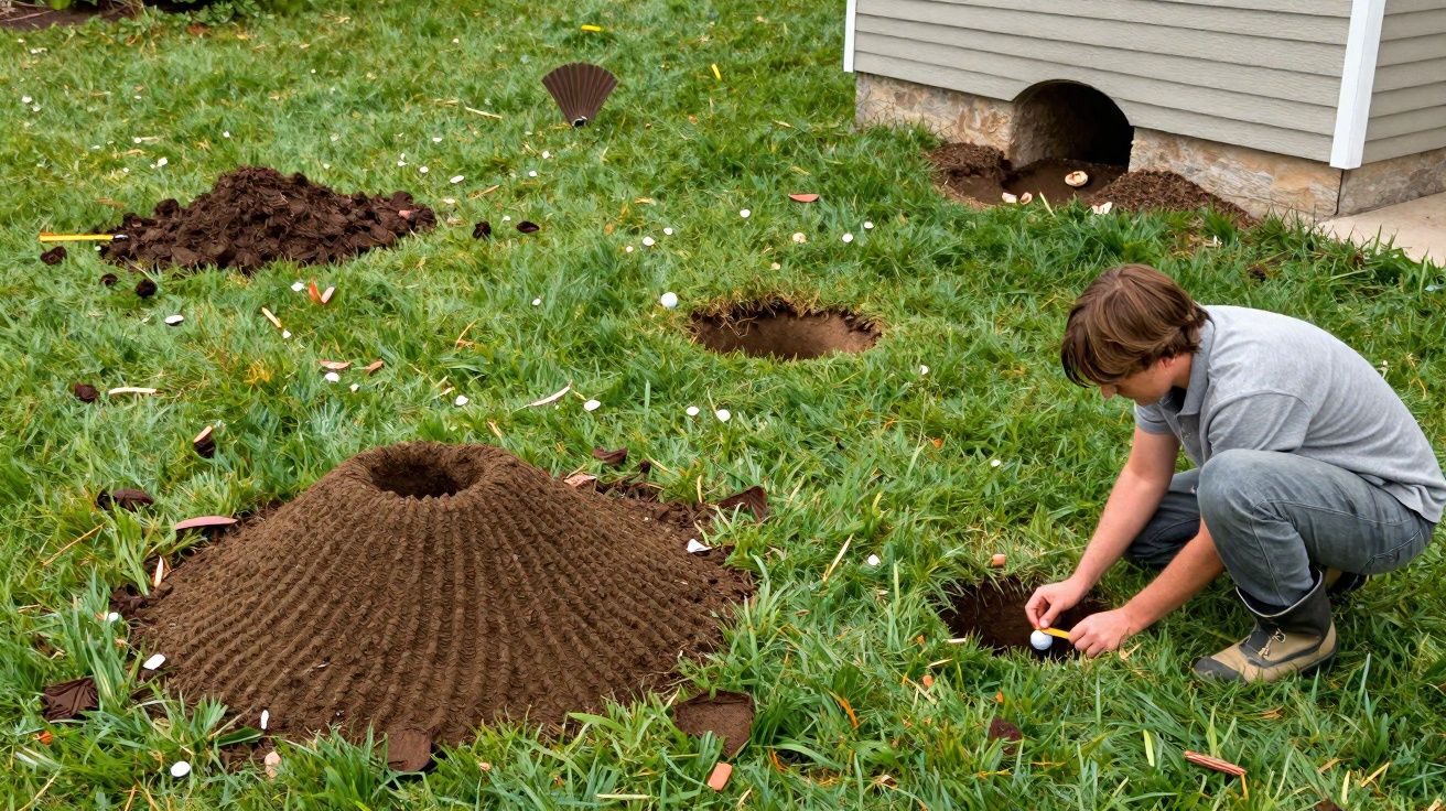 Pessoa agachada ao lado de ninhos de cupins em gramado com casa ao fundo.