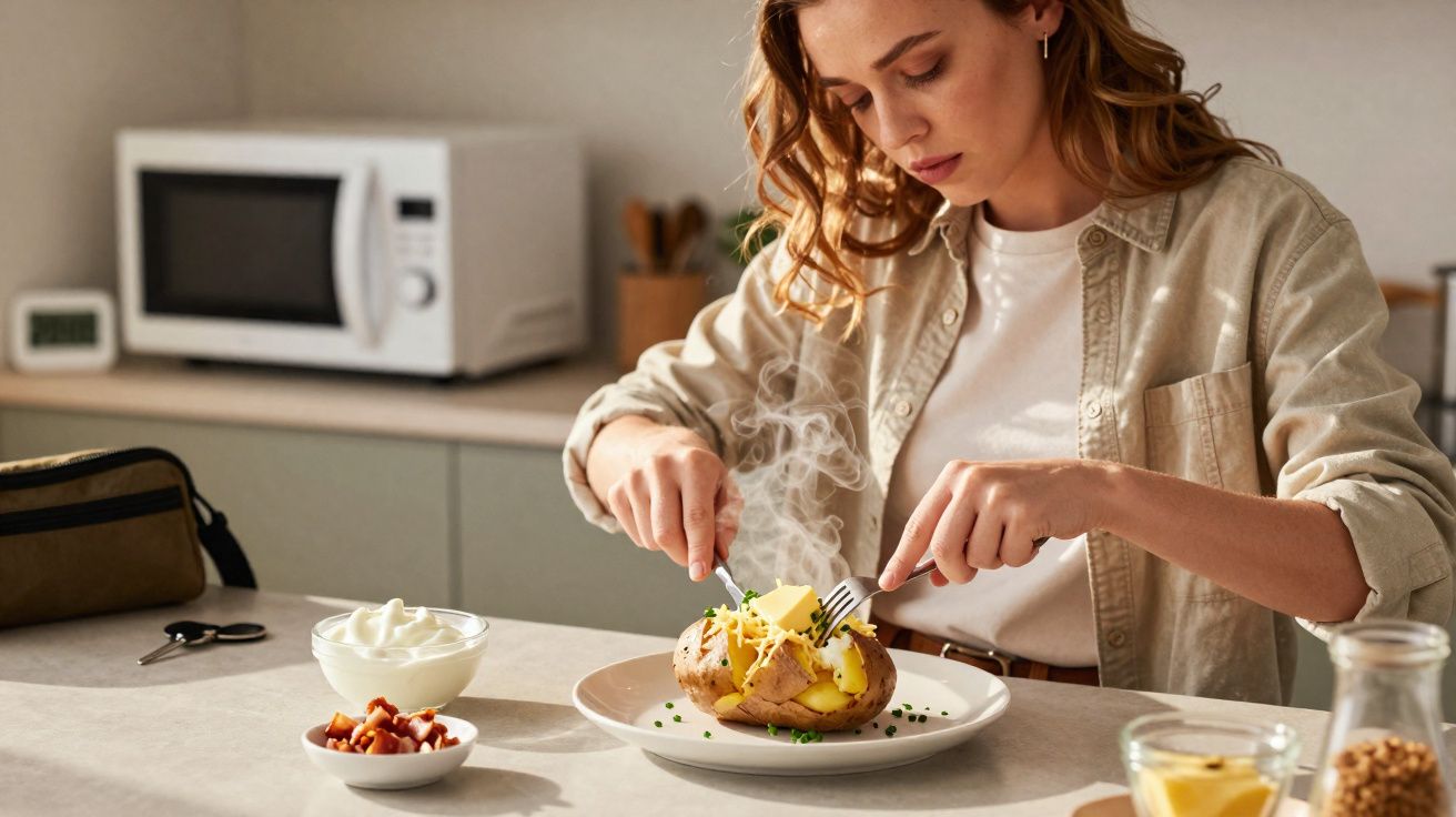 Mulher cortando batata assada com manteiga e queijo em prato branco na cozinha.