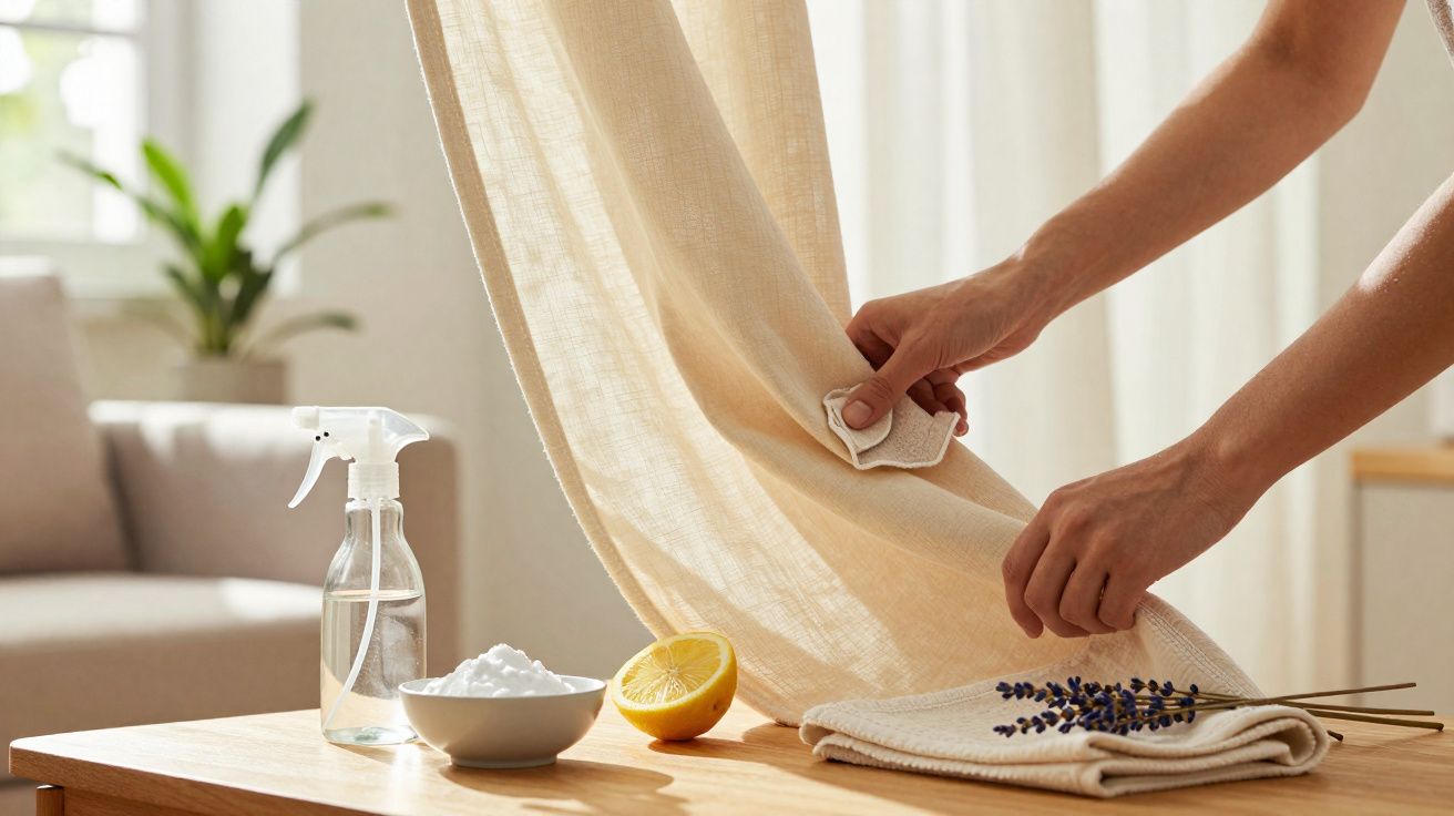 Mãos limpando cortina bege com pano, próximo a mesa com borrifador, bicarbonato, metade de limão e flores secas.