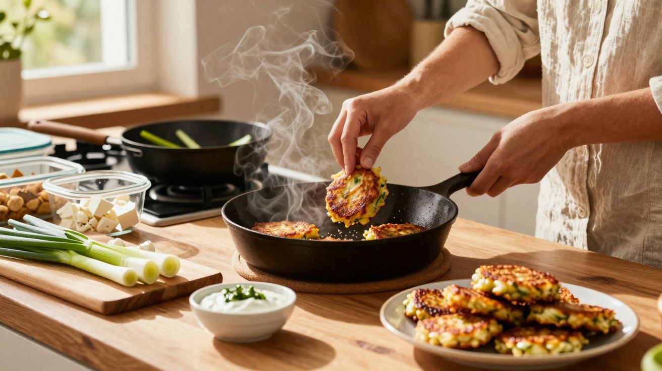 Pessoa retirando bolinho dourado de frigideira enquanto cozinha em cozinha iluminada.