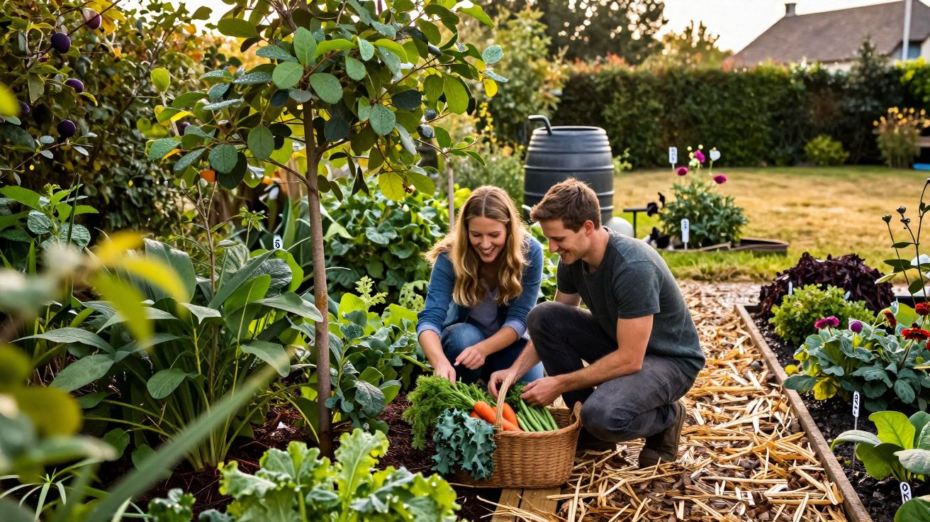Casal colhendo cenouras e verduras frescas em um jardim comunitário ensolarado.