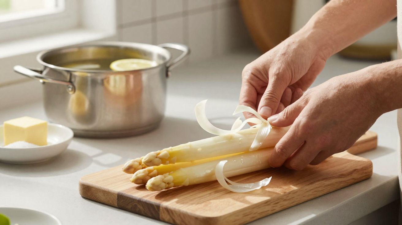 Mãos descascando aspargos brancos sobre tábua de madeira em cozinha com panela e limão ao fundo.