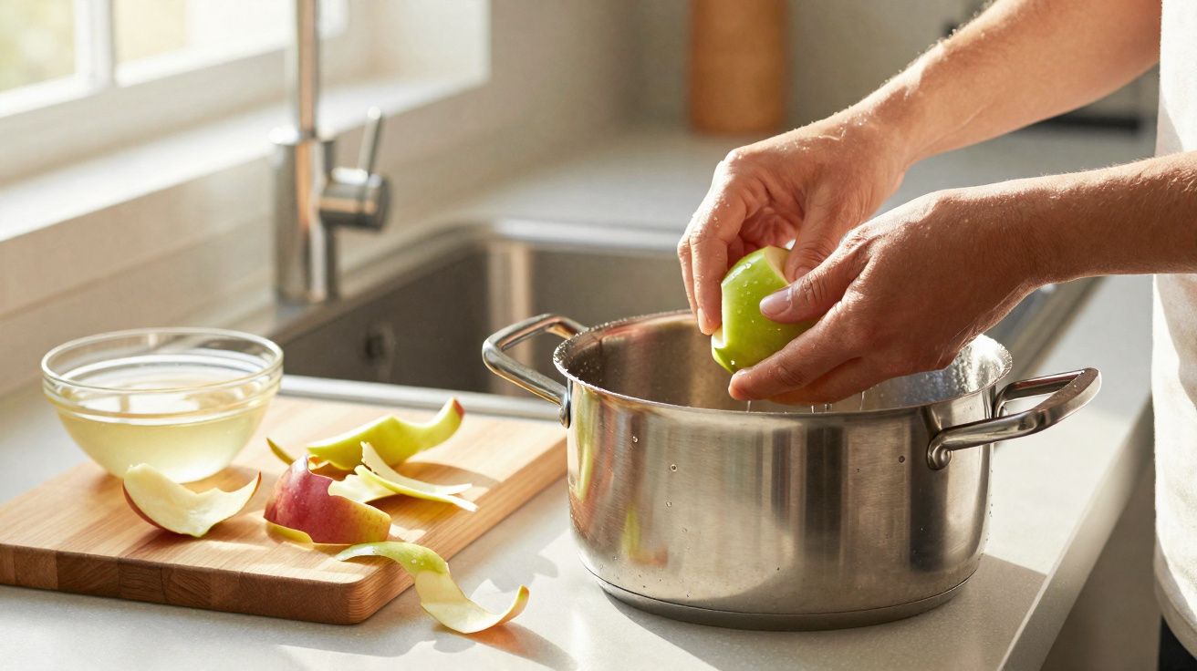 Pessoa descascando maçã verde sobre panela de inox em cozinha com bancada clara e tábua de madeira.