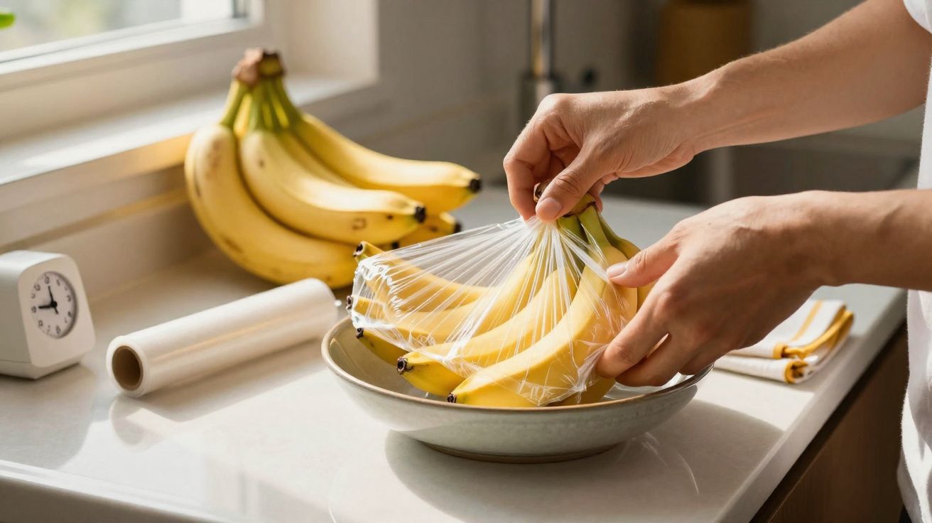 Mãos enrolando plástico filme em um cacho de bananas sobre uma bancada de cozinha iluminada.