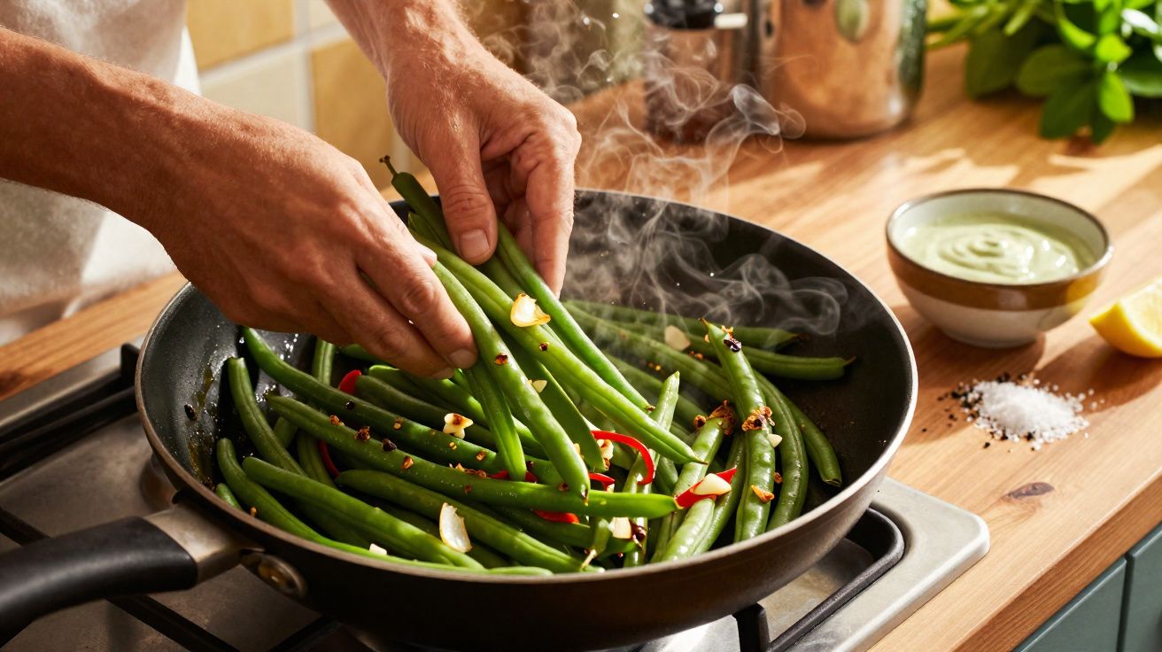 Mãos temperando vagem na frigideira com alho, pimenta e sal, com vapor saindo do cozimento.