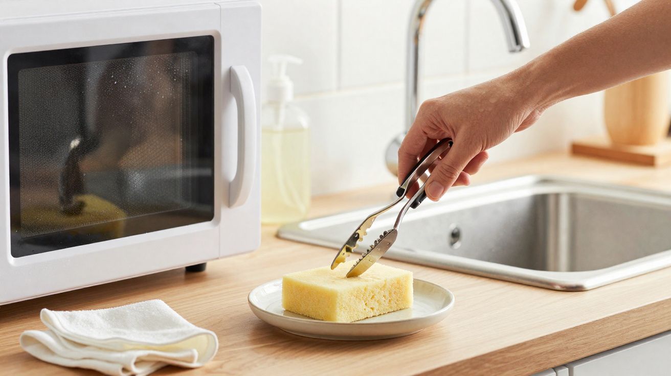 Mão segurando pegador retirando esponja amarela de prato na bancada próxima a micro-ondas e pia.