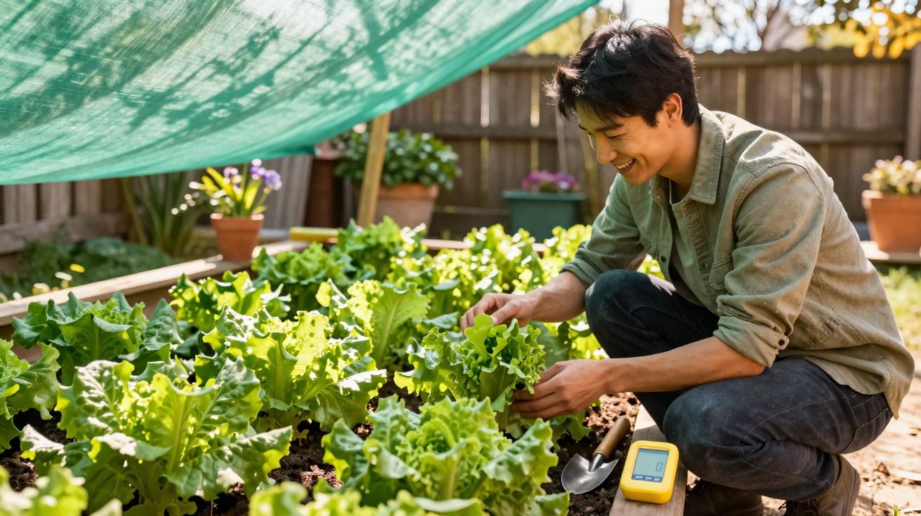 Pessoa cuidando de alface em horta urbana sob sombra em dia ensolarado.
