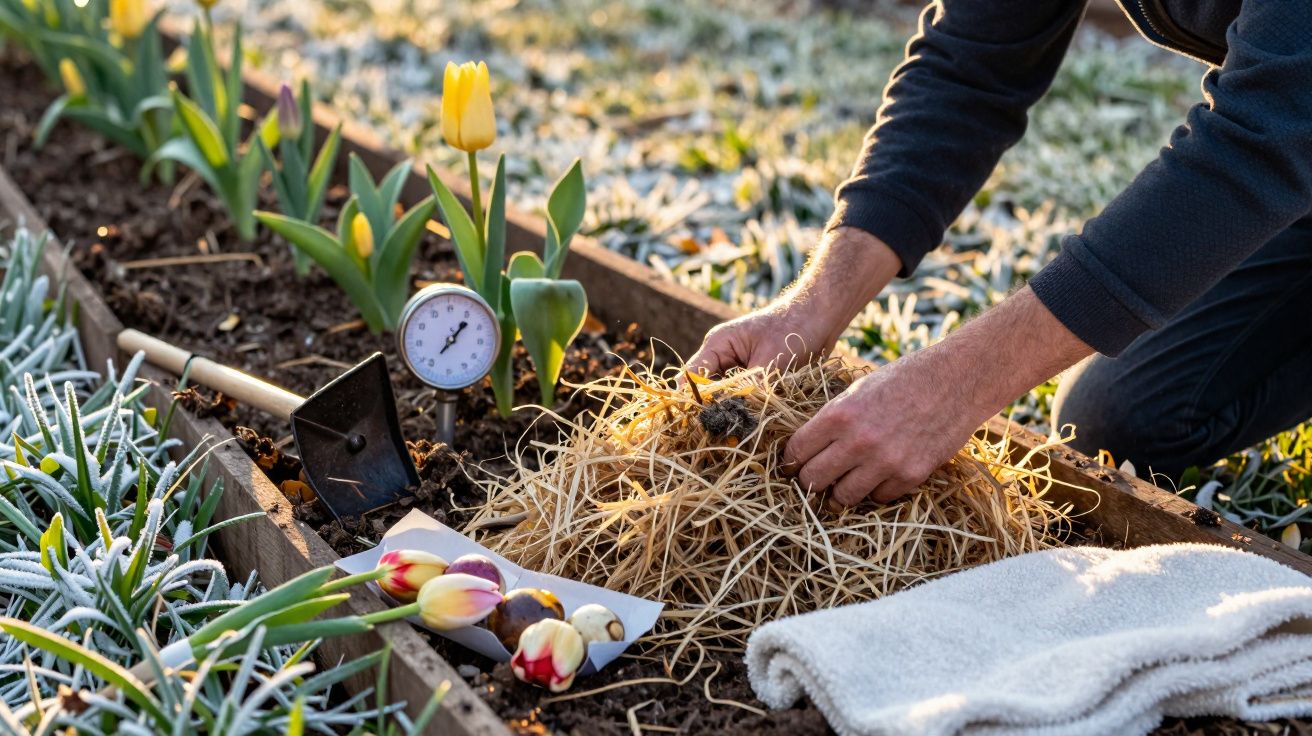 Pessoa cuidando de flores em canteiro com tulipas, termômetro e ferramentas de jardinagem.
