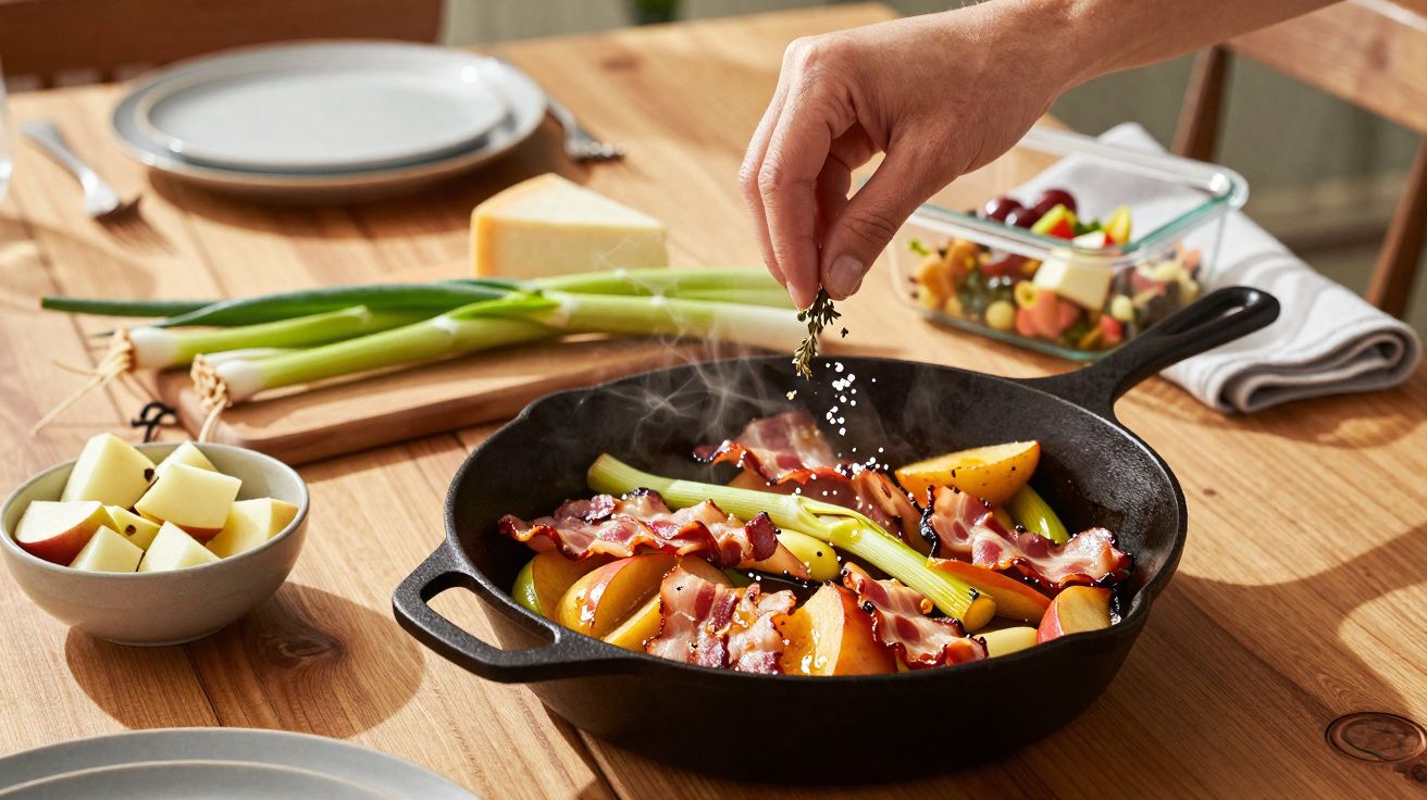 Mão temperando bacon, cebolinhas e batatas cozidas em panela de ferro sobre mesa de madeira.