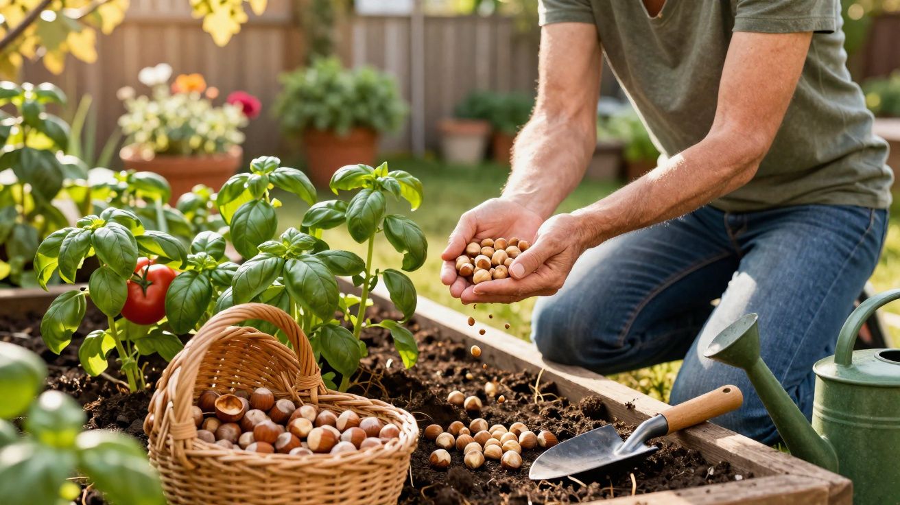 Pessoa segurando e derramando avelãs em jardim com cesta, regador e plantas ao redor.