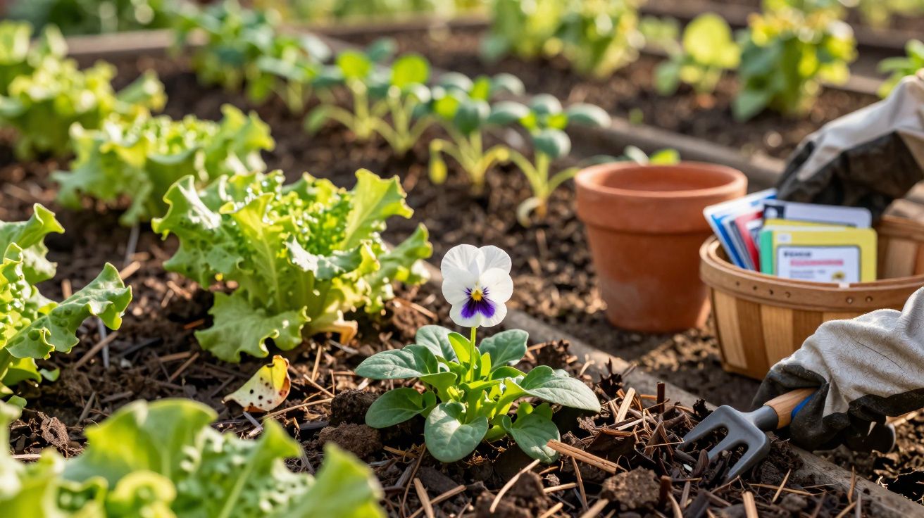 Planta de alface e flor em canteiro com luvas, pequenas ferramentas e pacotes de sementes ao fundo.