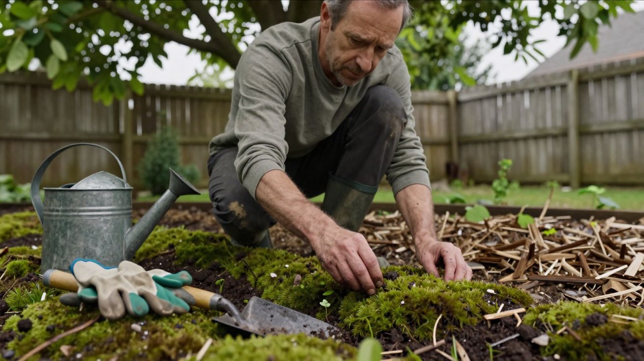 Homem cuidadoso plantando musgos em canteiro de jardim com regador e ferramentas próximas, ao ar livre.