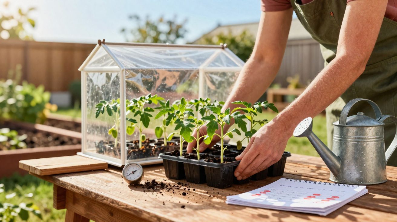 Pessoa cuidando de mudas de plantas em mini estufa transparente sobre mesa de madeira ao ar livre.