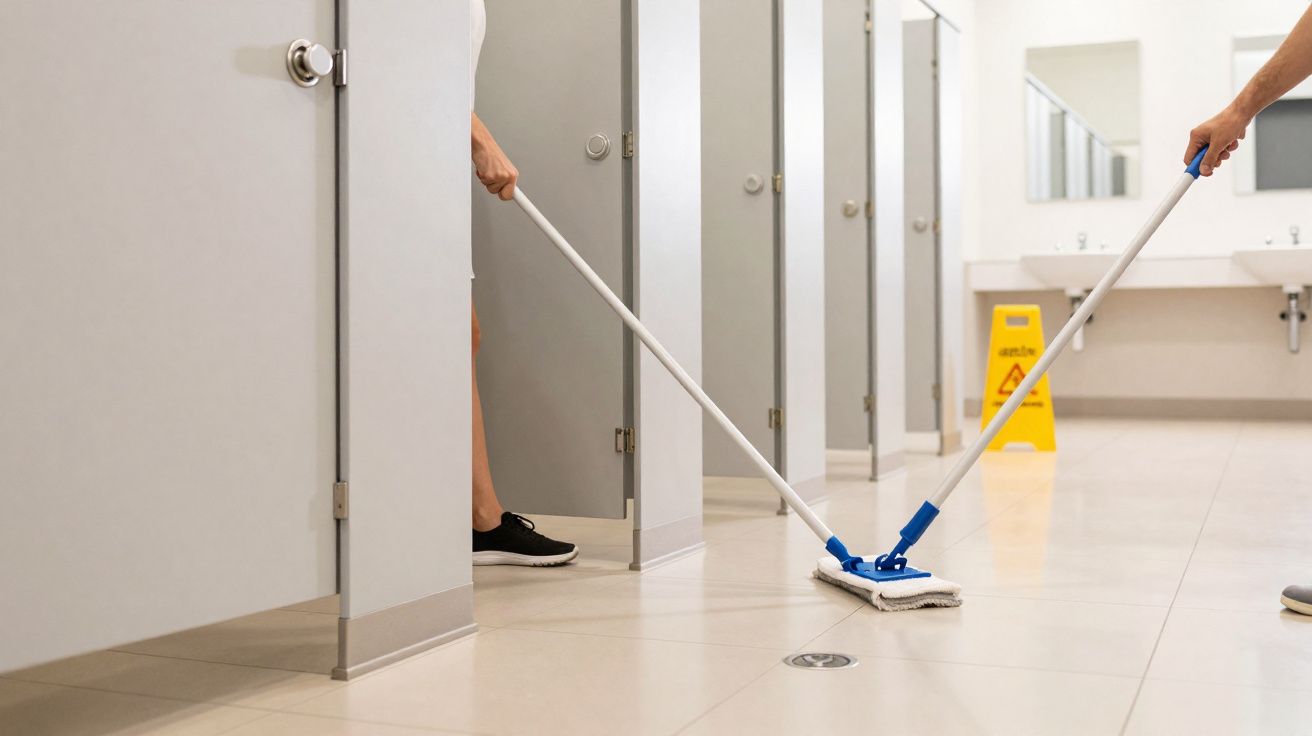 Pessoa limpando o chão de um banheiro público com um esfregão branco e azul.