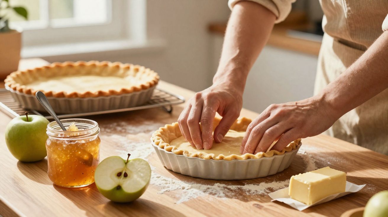 Mãos preparando torta de maçã em forma branca, com maçãs, geleia e manteiga sobre mesa de cozinha.