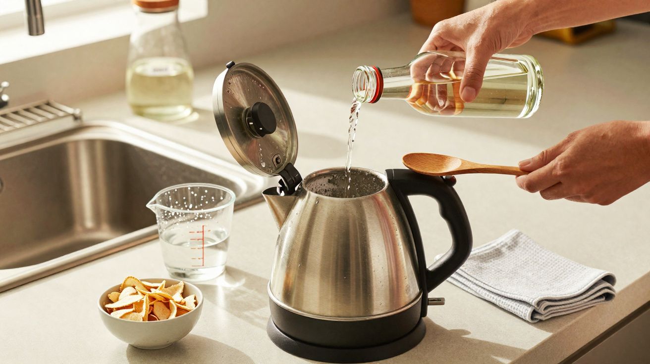 Pessoa despejando água em chaleira elétrica em cozinha com frutas secas e copo medidor ao lado.