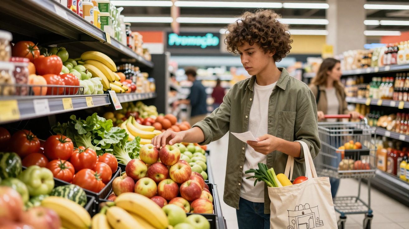 Jovem selecionando maçãs na seção de frutas de supermercado, segurando lista e sacola ecológica.