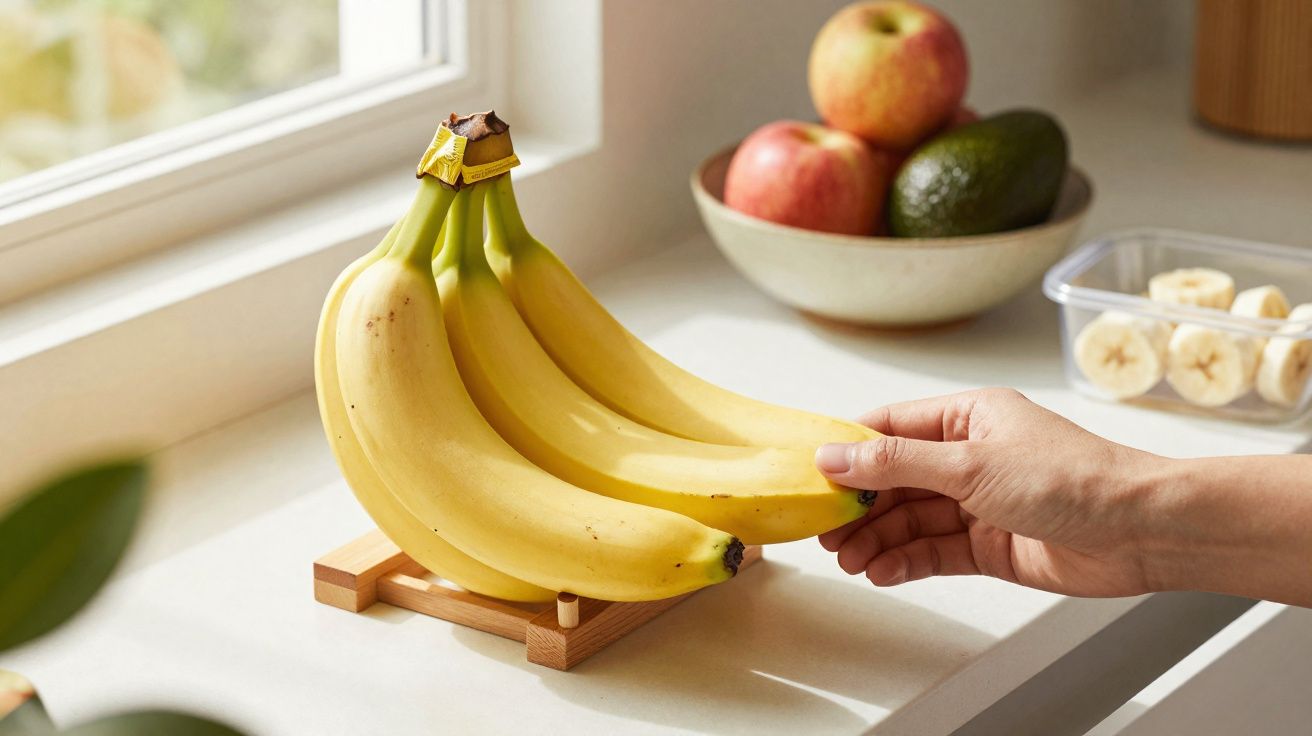 Mão pegando banana em suporte de madeira sobre balcão com frutas ao fundo em janela iluminada.