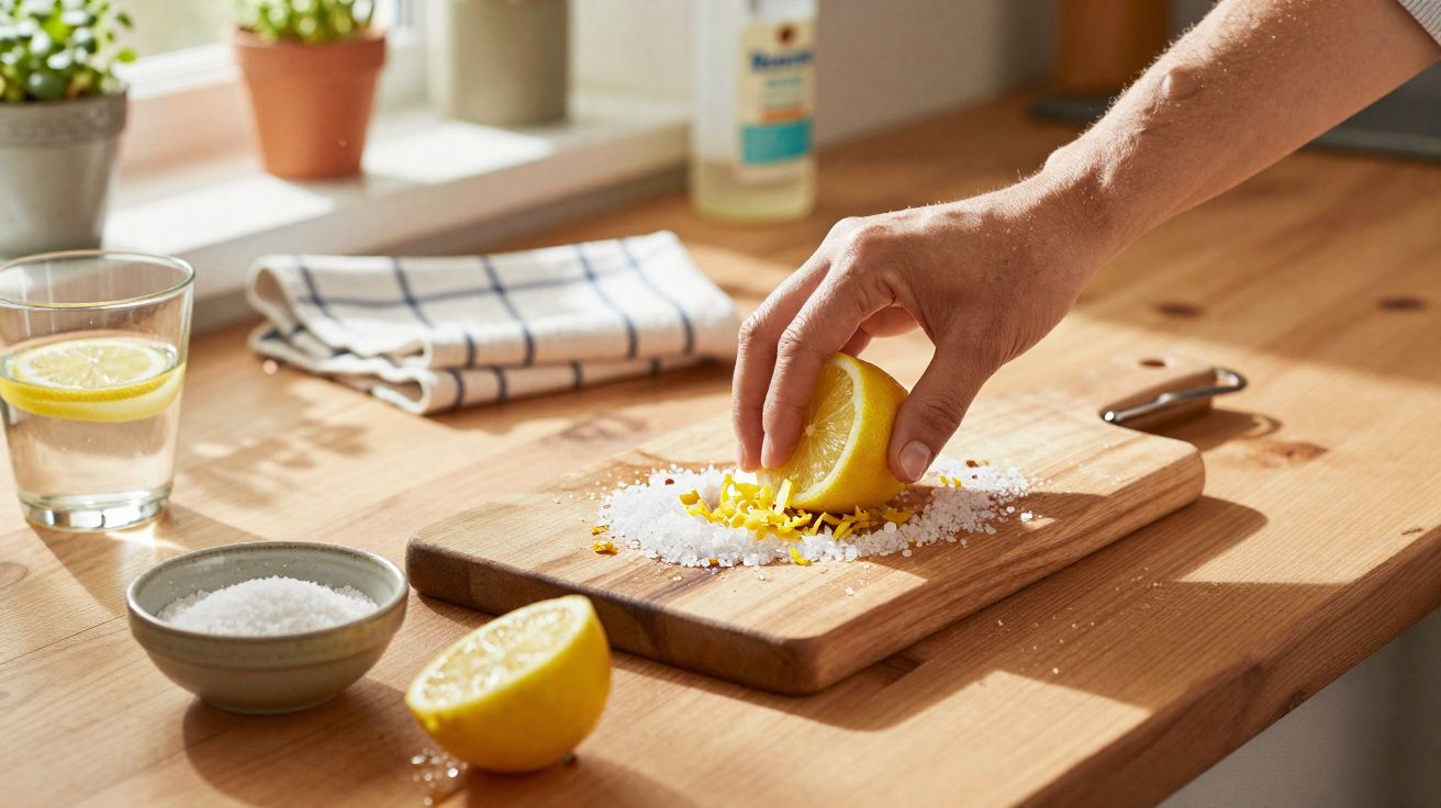 Mão espremendo metade de um limão sobre sal grosso em tábua de madeira na cozinha iluminada.