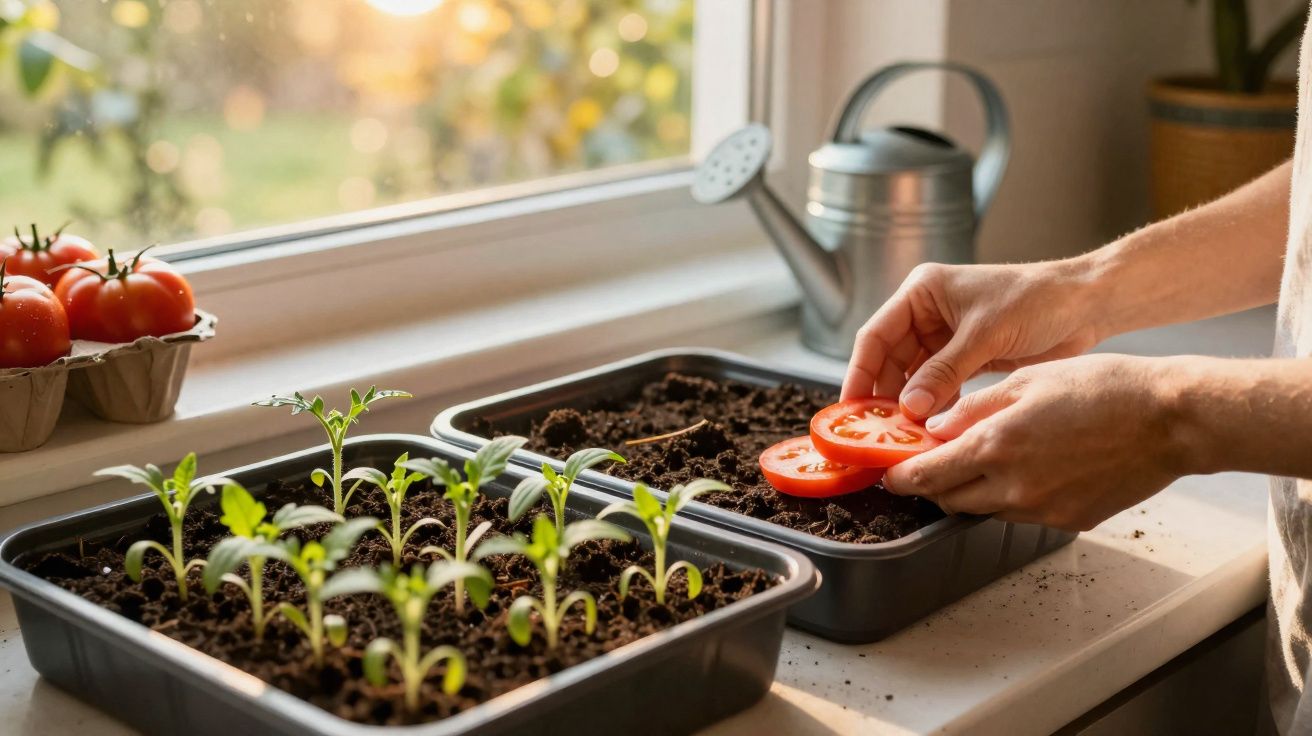 Mãos colocando fatias de tomate em vaso com terra ao lado de mudas verdes na janela iluminada.