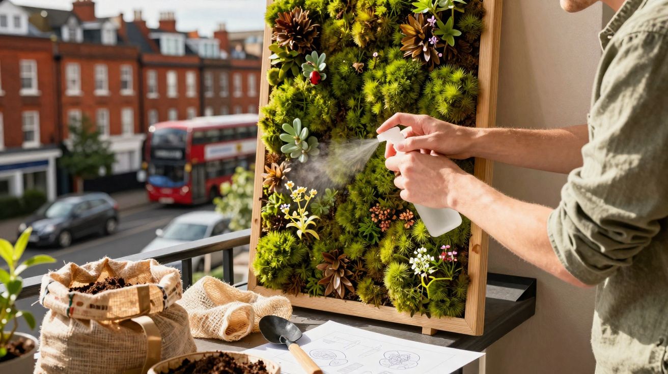 Pessoa borrifando água em painel vertical de plantas suculentas na varanda de apartamento urbano.
