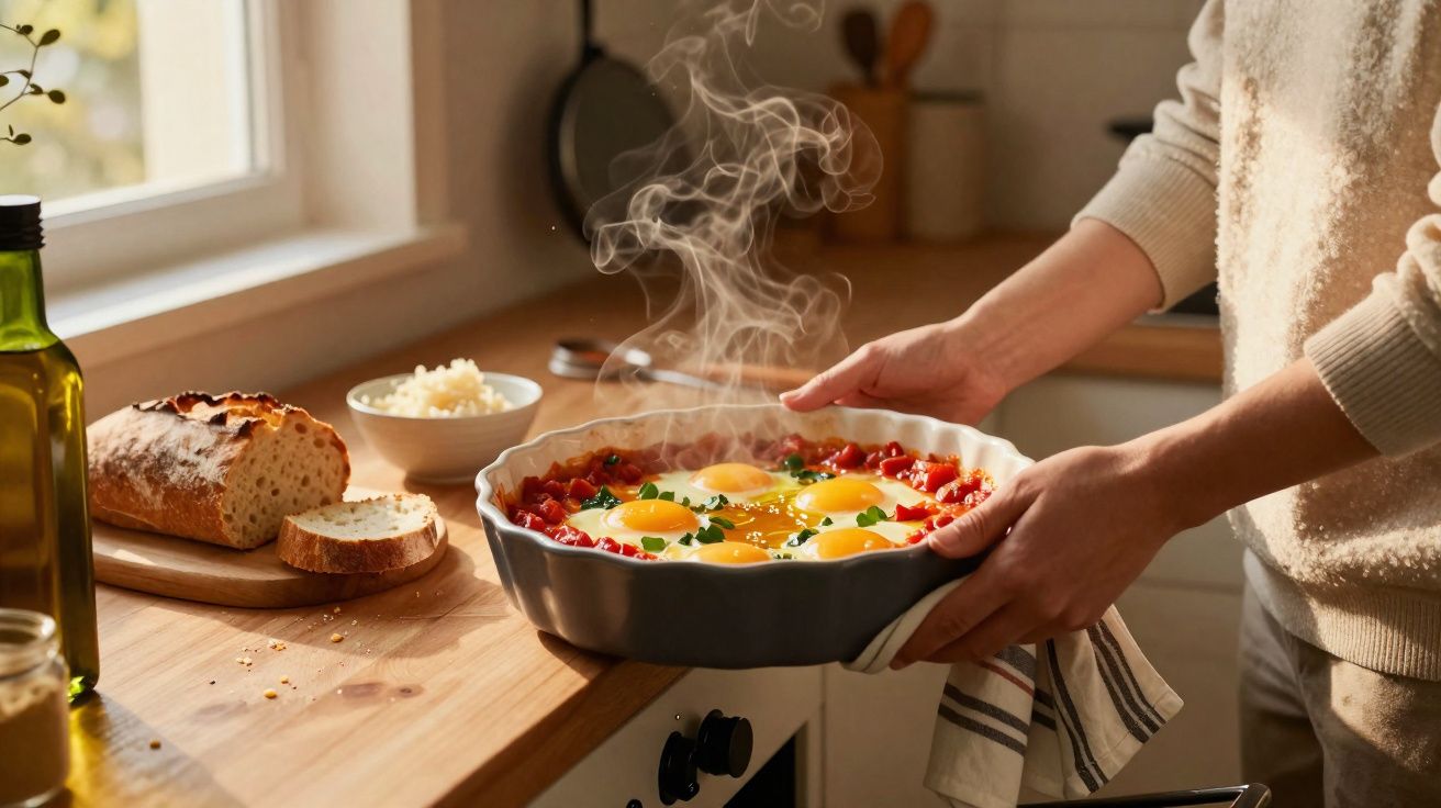 Pessoa segurando travessa com ovos cozidos em molho de tomate, ao lado de pão e queijo na bancada da cozinha.