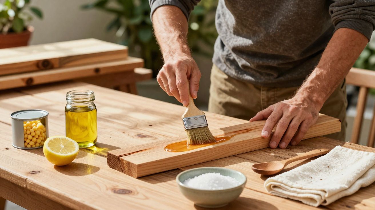 Pessoa aplicando verniz em tábua de madeira com pincel, ao lado de limão, óleo e utensílios na mesa.