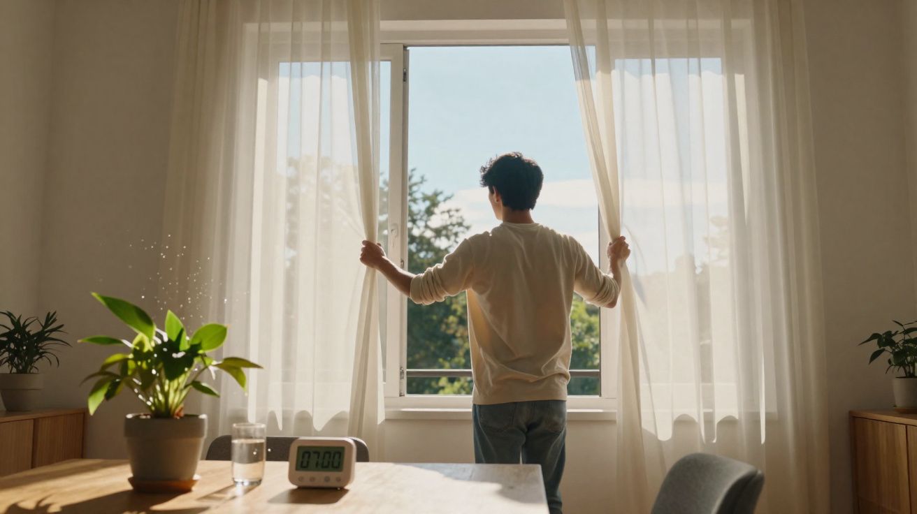 Pessoa abrindo cortinas em janela, com plantas, relógio e copo d'água em mesa iluminada pelo sol da manhã.