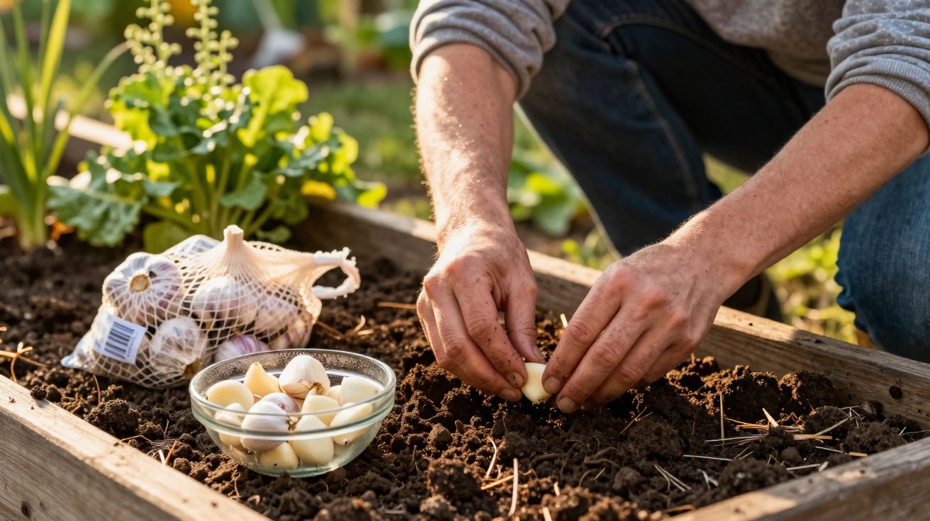 Pessoa plantando dentes de alho em canteiro de terra com saco de alho e vasilha ao lado.