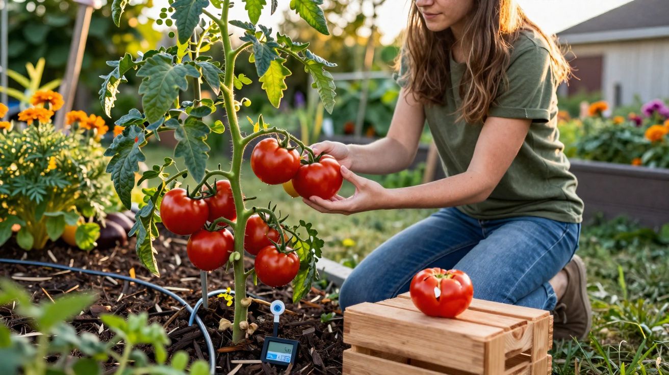 Mulher colhendo tomates maduros em uma horta caseira durante o dia.