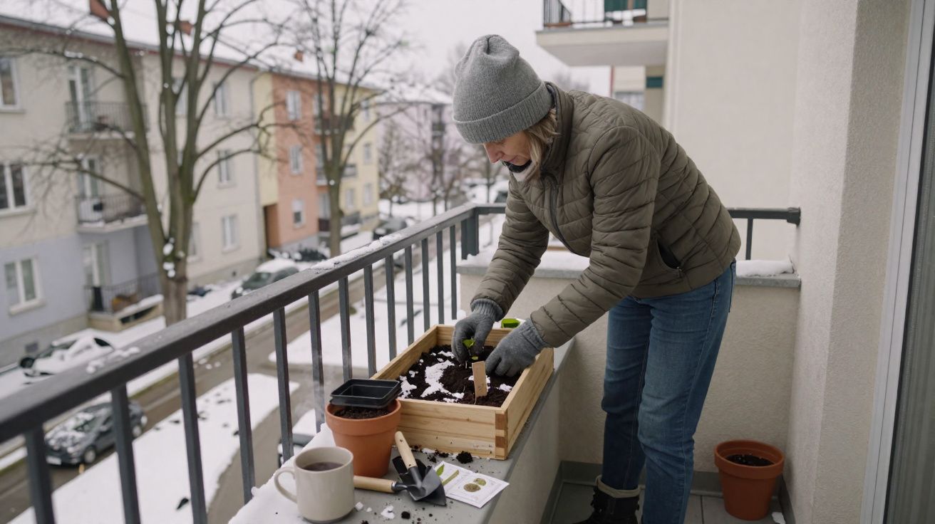 Mulher vestindo roupa de inverno preparando canteiro para plantar em varanda com neve ao redor.