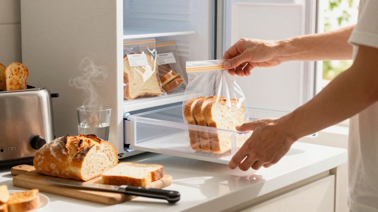 Mãos guardando fatias de pão em sacos plásticos dentro da geladeira, com pão e torradeira na bancada.
