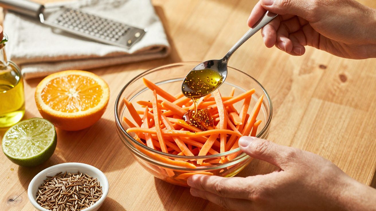 Mãos despejando mel em cenouras palito numa tigela de vidro, com limão, laranja e sementes ao lado.