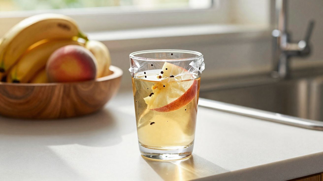 Copo com bebida clara, rodelas de maçã e pimenta, em bancada próxima a tigela com frutas.