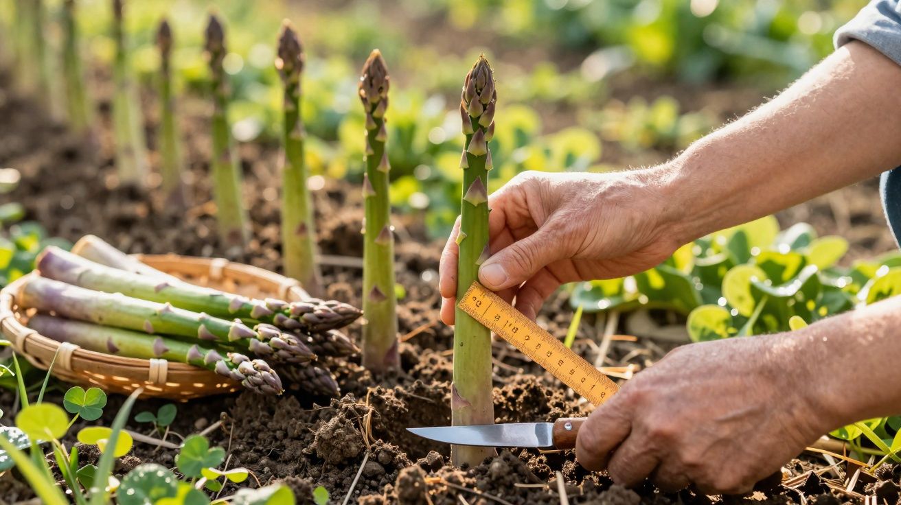Pessoa medindo e colhendo aspargos verdes frescos em plantação ao ar livre.