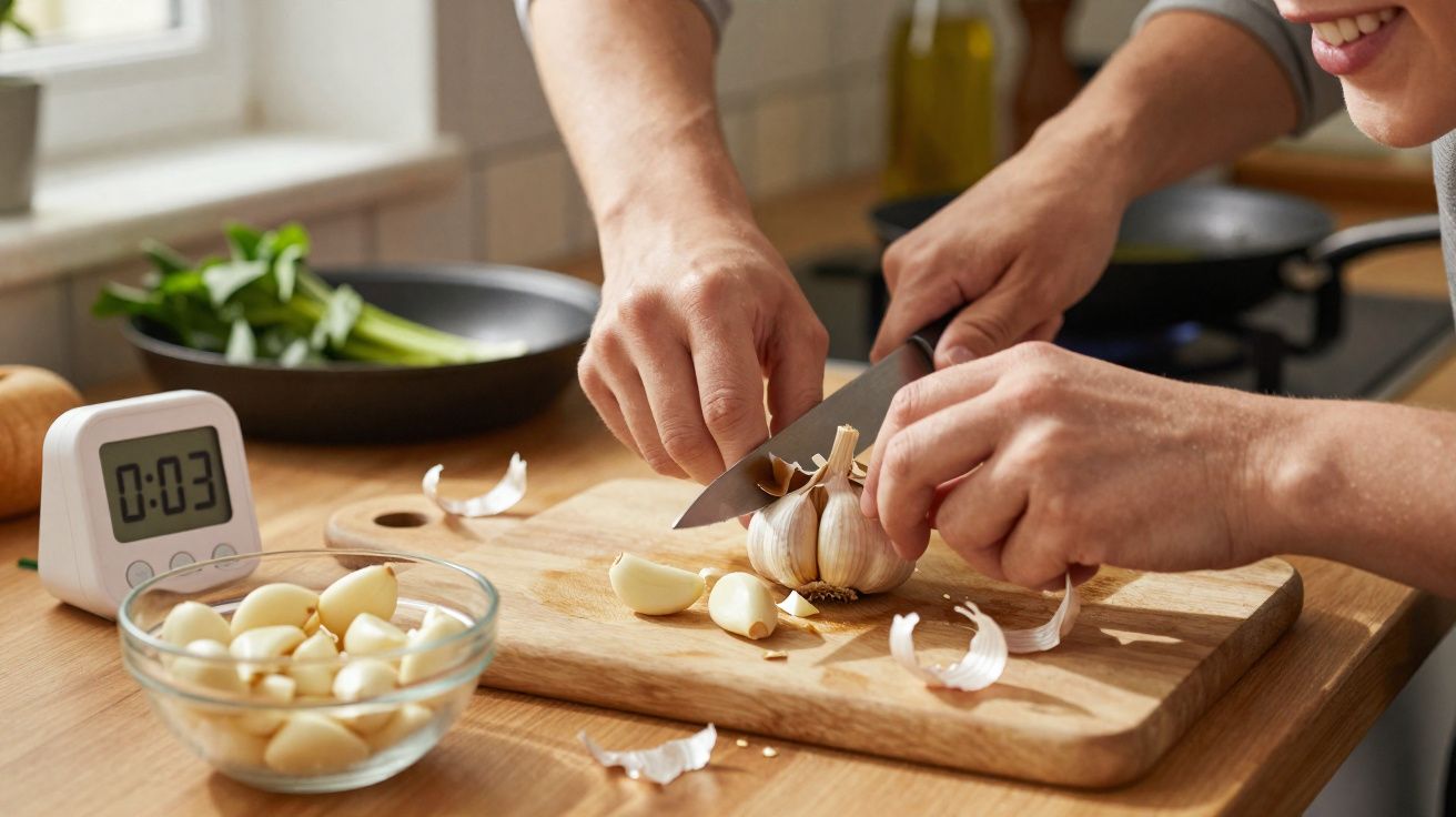 Pessoa cortando alho fresco em tábua de madeira na cozinha com temporizador digital ao lado.