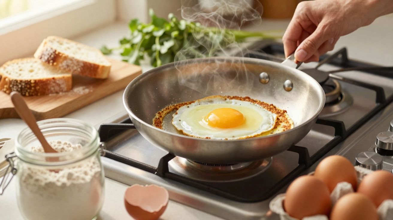 Ovo sendo frito na frigideira em fogão a gás com pão, ovos e farinha ao lado.