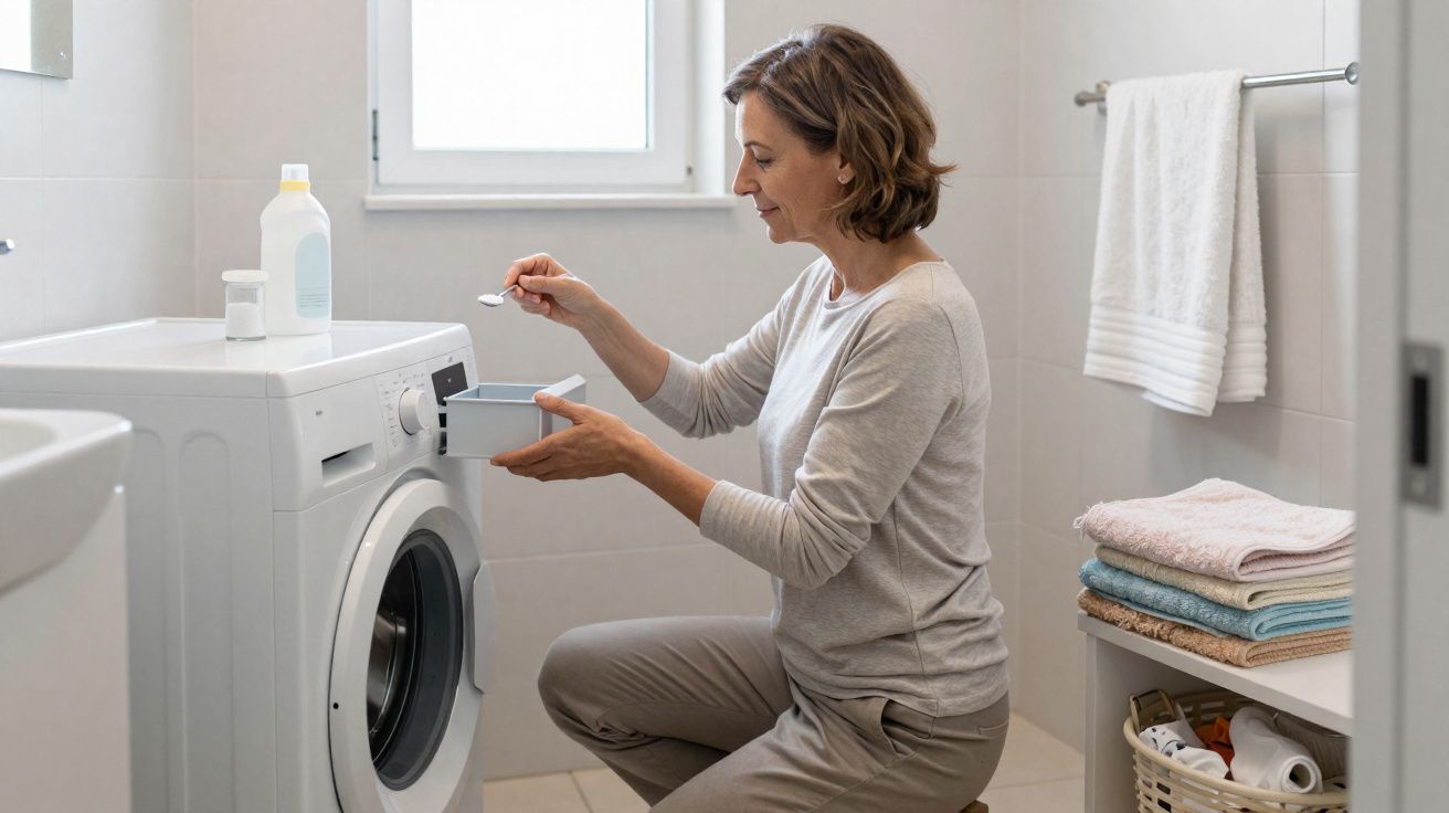 Mulher ajoelhada colocando sabão em pó na gaveta da máquina de lavar roupa branca em lavanderia.