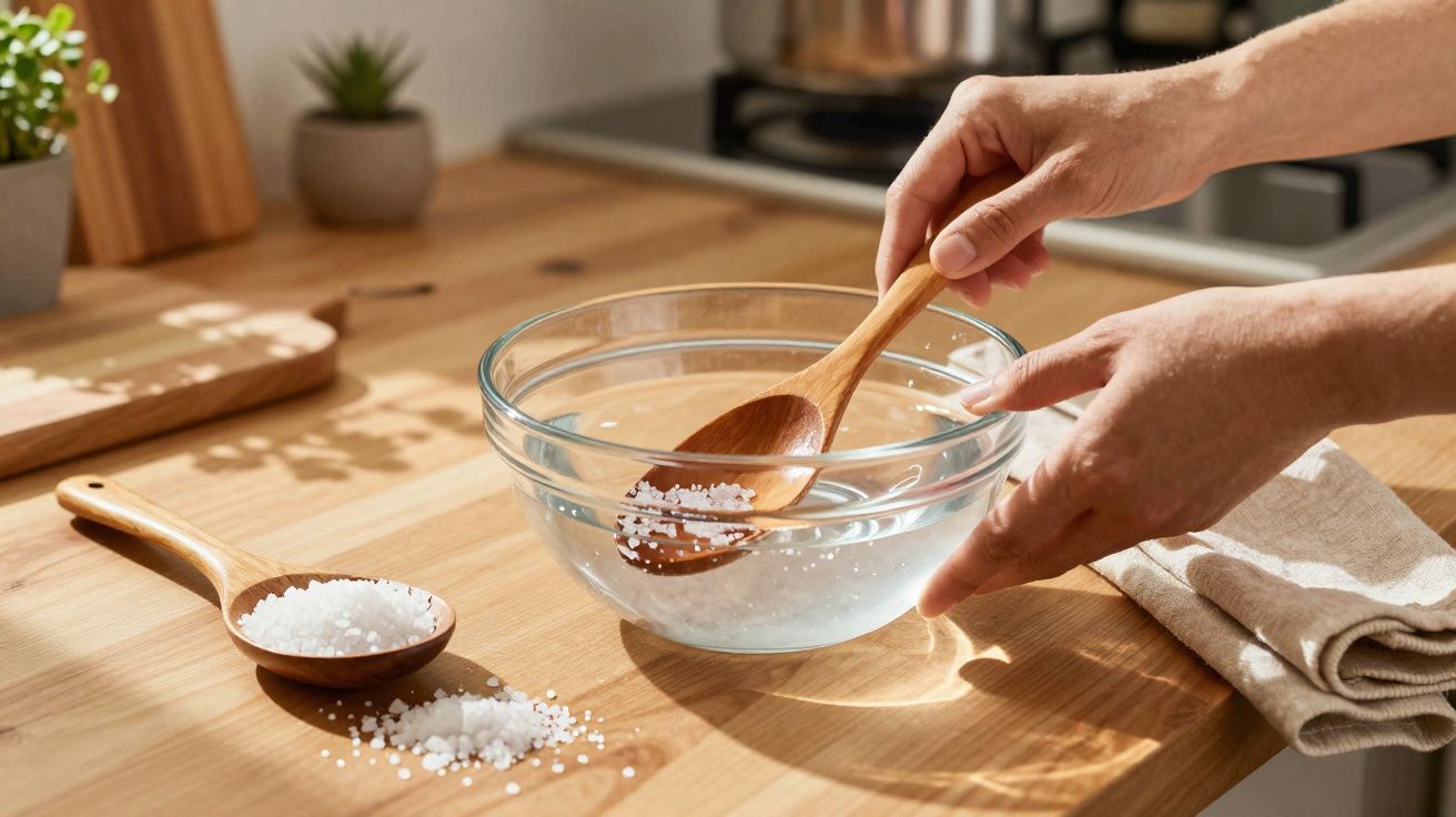 Mãos mexendo água com colher de pau em tigela de vidro, sal grosso sobre a mesa de madeira.