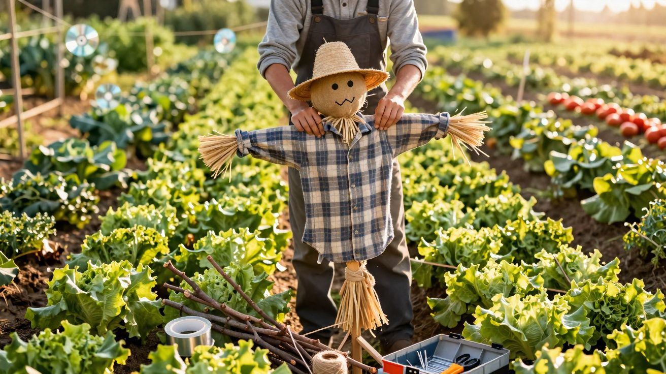 Pessoa ajusta espantalho em plantação de alface sob luz do sol.