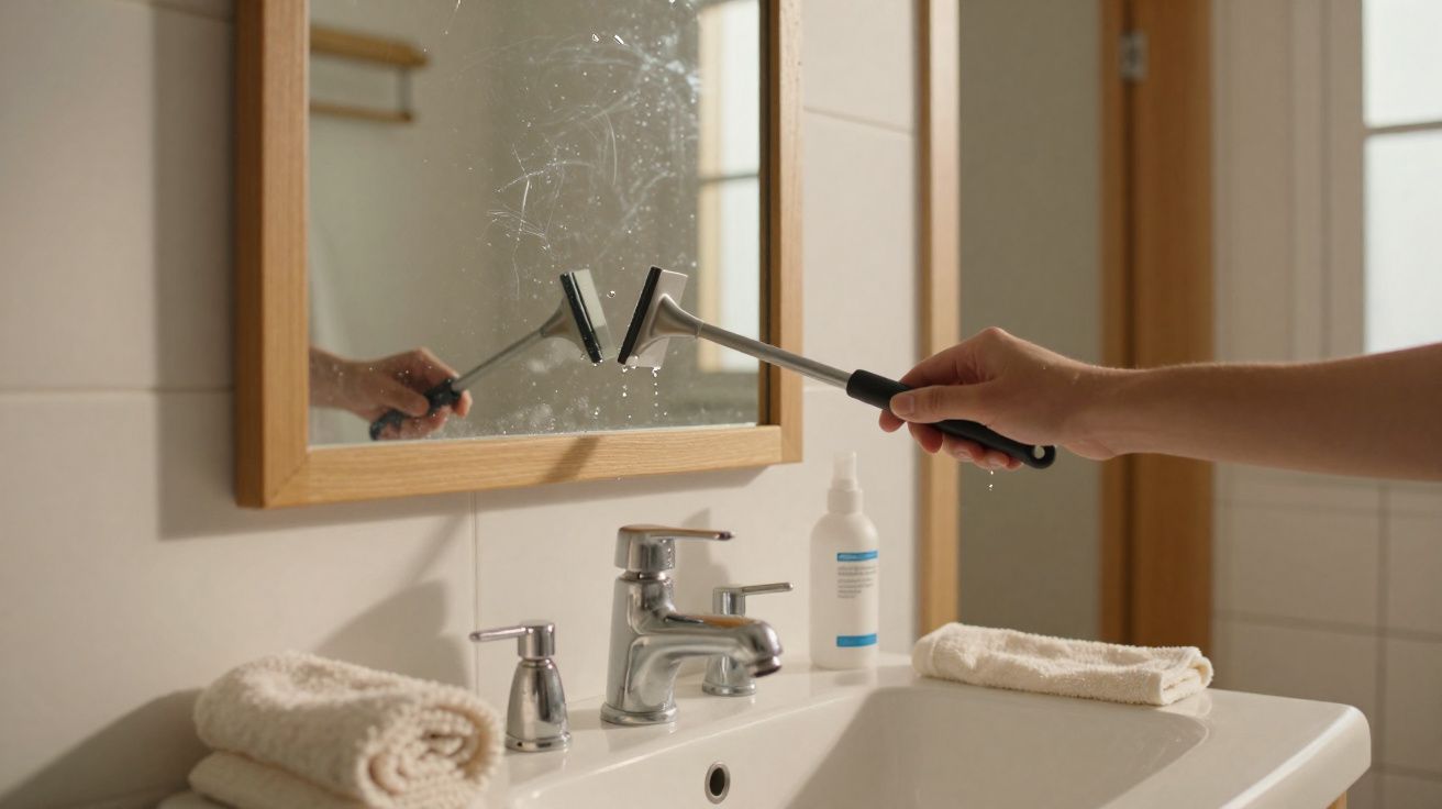 Pessoa limpando espelho de banheiro com rodo, pia com toalha dobrada e sabonete líquido.