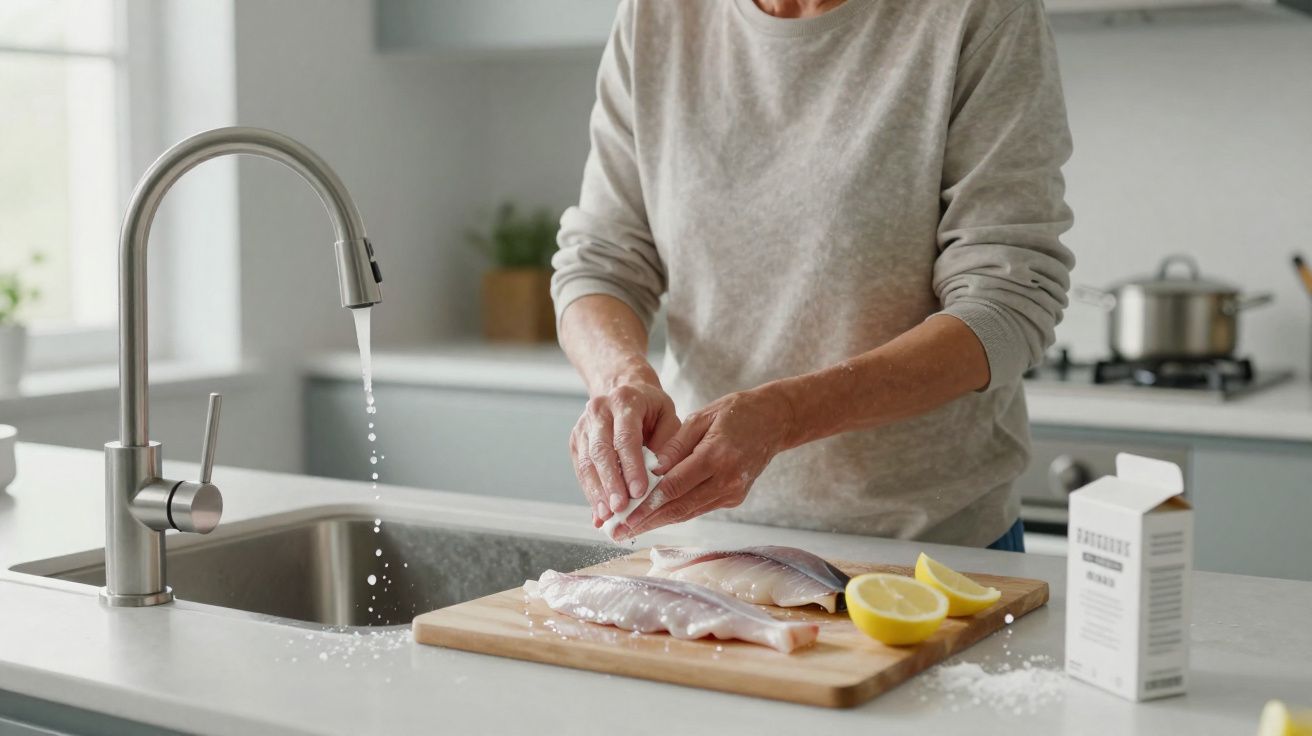Pessoa temperando filés de peixe com sal na cozinha, com limão e torneira aberta ao lado.