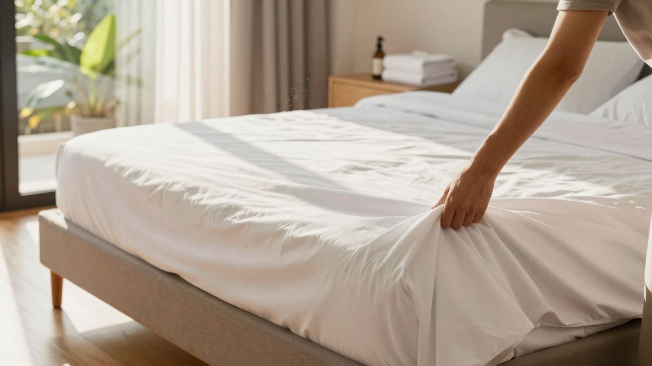 Pessoa arrumando a cama com lençol branco em quarto iluminado por luz natural.
