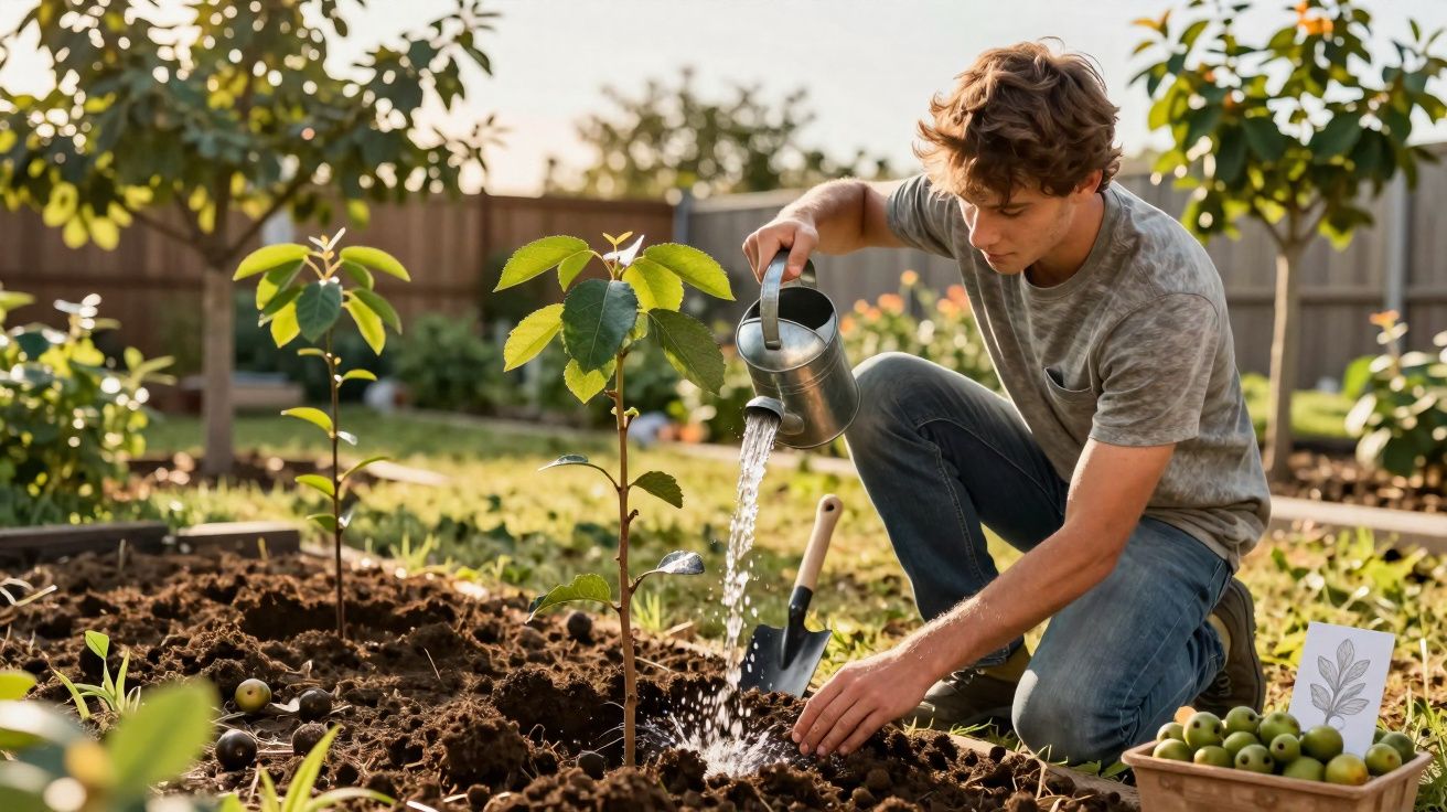 Jovem regando muda de planta em jardim ensolarado, com pá e caixa de frutas verdes ao lado.