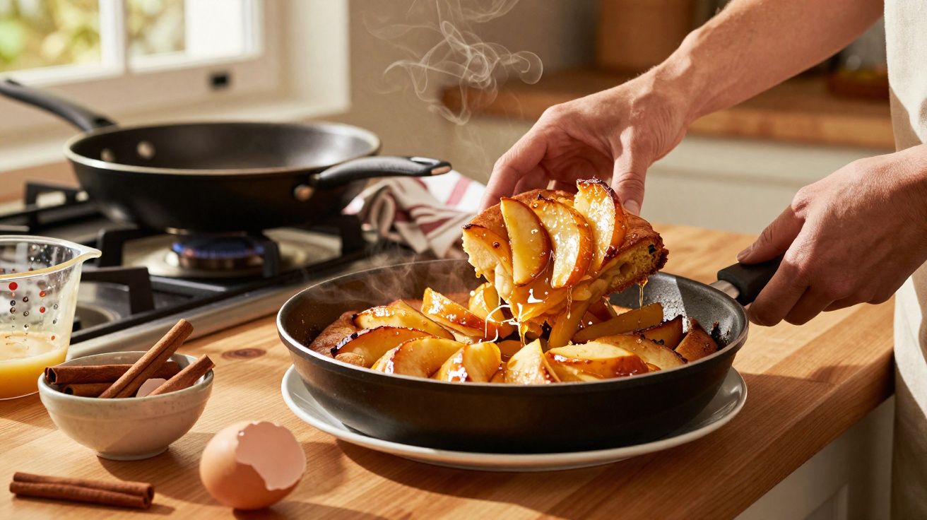 Mãos seguram frigideira com fatias de maçã caramelizada quente em cozinha iluminada, com canelas e casca de ovo na mesa.